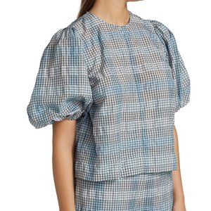 Ganni Puff Sleeve Seersucker Check Blouse